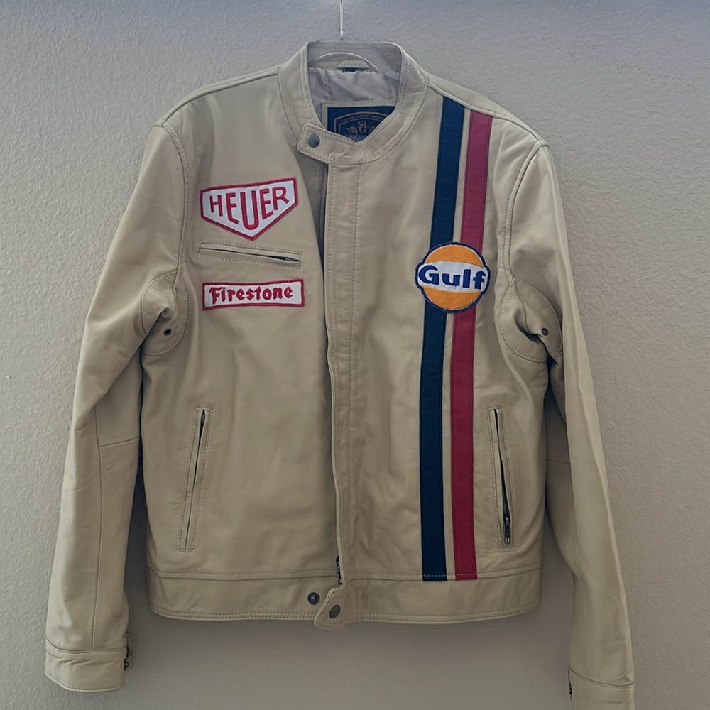 Beige Racing-Stripe Leather Bomber Jacket with Gulf Patch